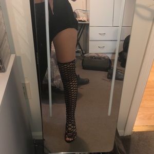 Over the knee cage open toe boots